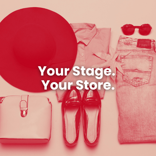 Flat-lay of fashion accessories and clothing with text overlay “Your Stage. Your Store.” highlighting Spago Live seller branding.
