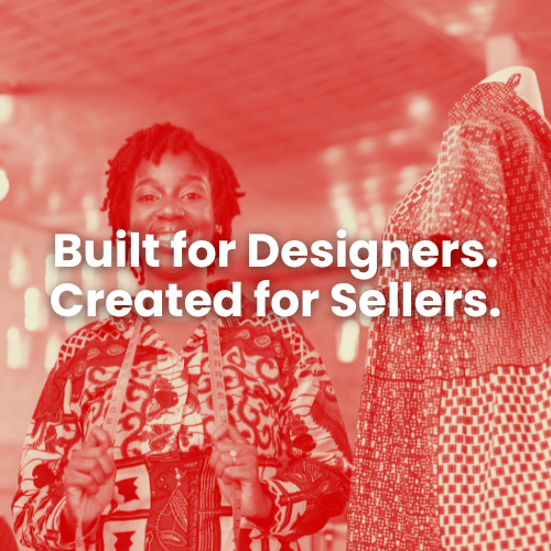 Designer presenting clothing in a boutique setting with text overlay “Built for Designers. Created for Sellers.” showcasing Spago Live for creators.